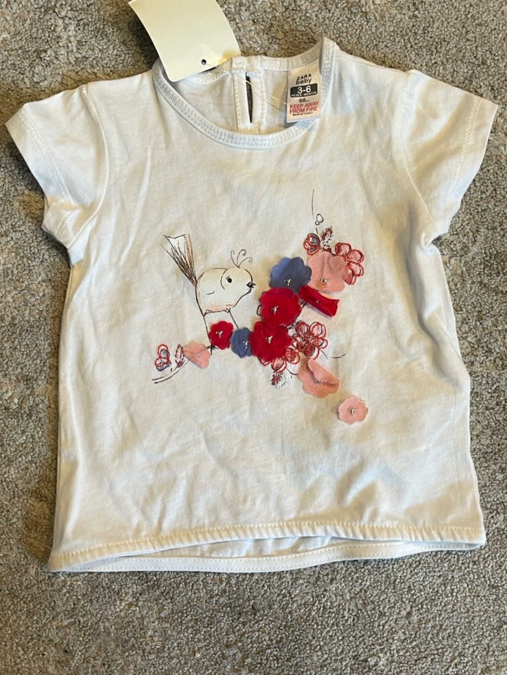 Zara White Tee with Pink Red and Purple Floral Embellishments
